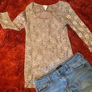 Lavish Brand Tan Floral bejeweled Shirt! Size Medium